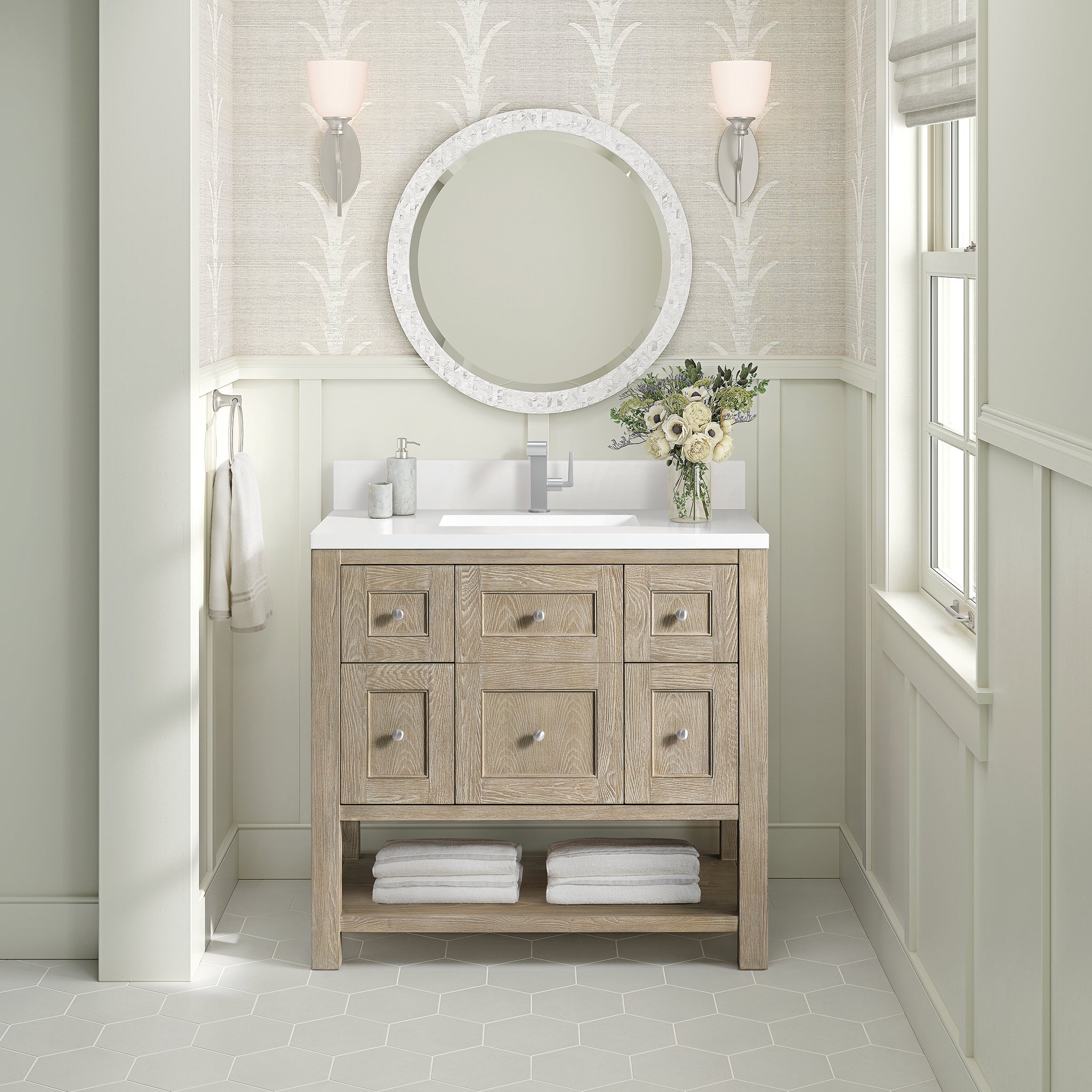 James Martin Breckenridge 36" Single Bathroom Vanity, Whitewashed Oak with White Zeus (Single Hole, with Backsplash) countertop