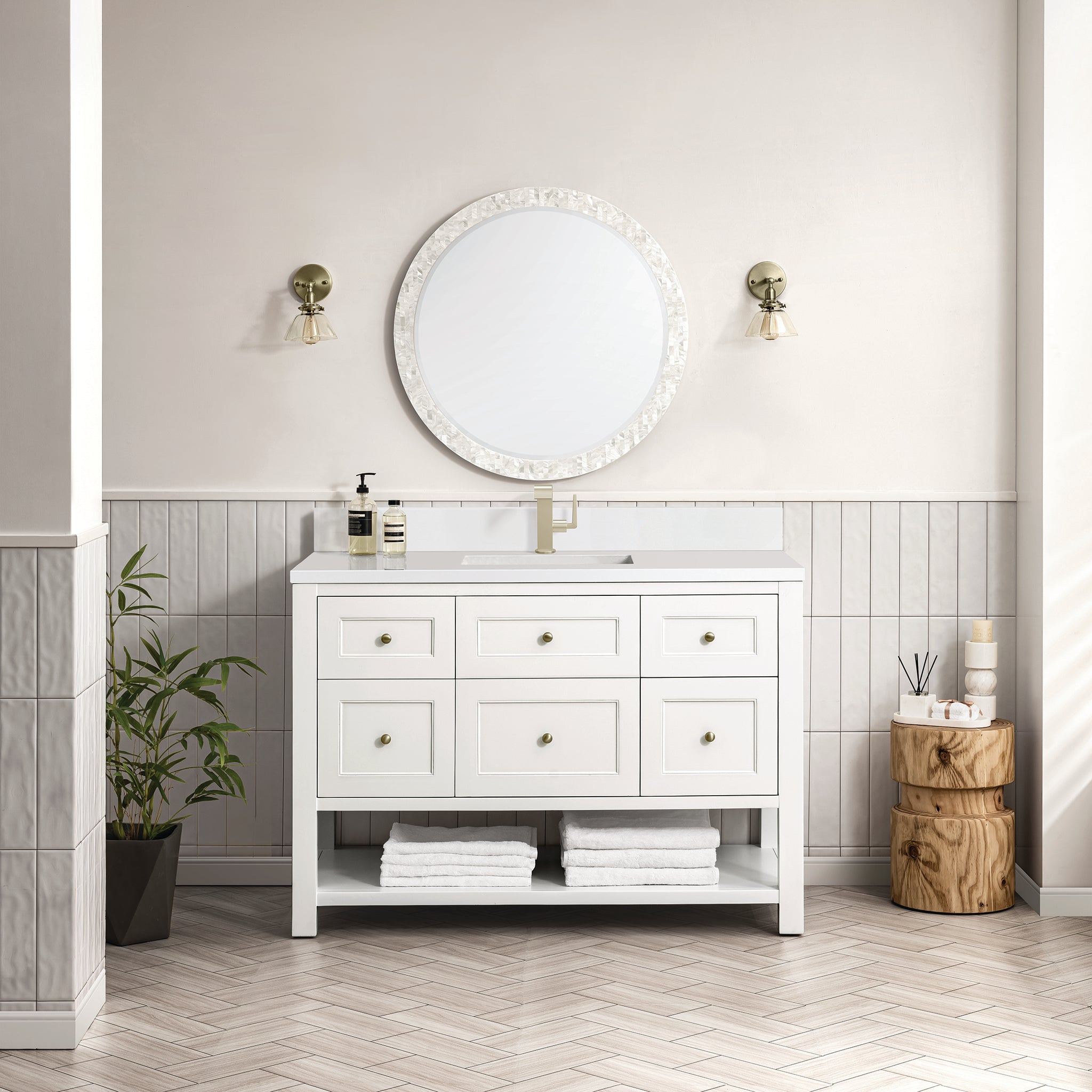 James Martin Breckenridge 48" Single Bathroom Vanity, Bright White with White Zeus (Single Hole, with Backsplash) countertop