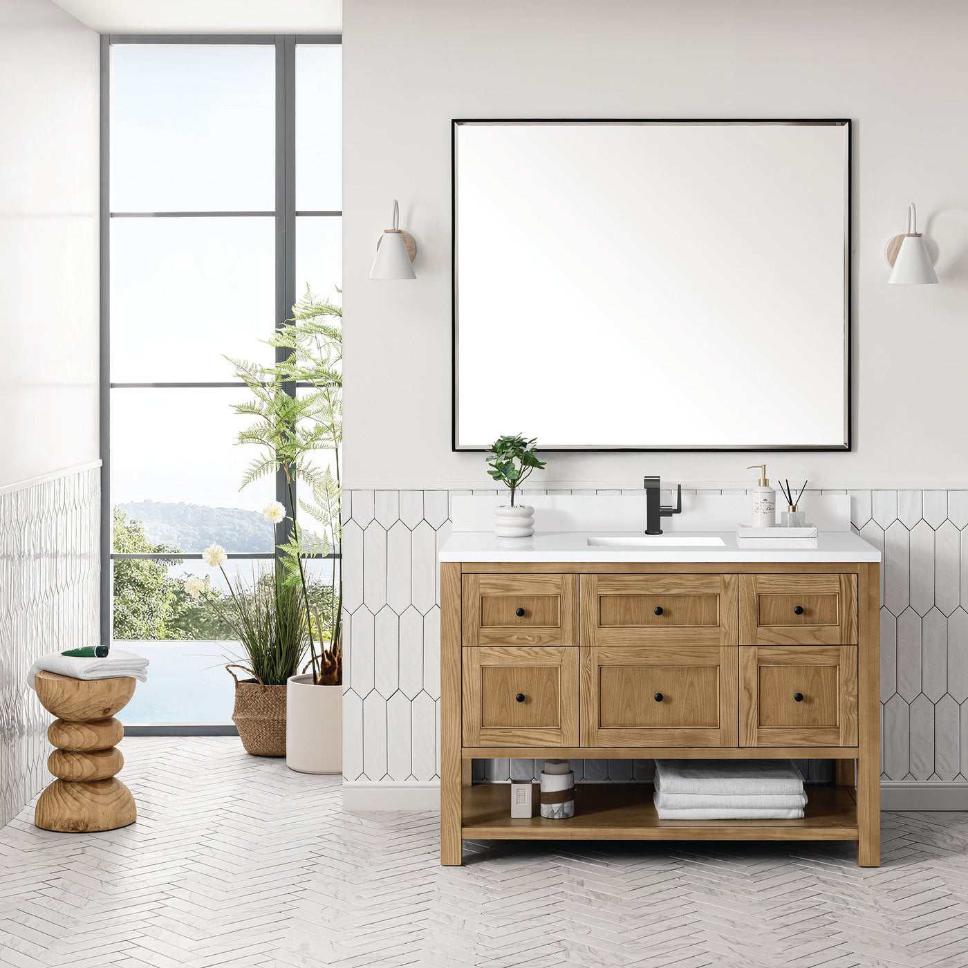 James Martin Breckenridge 48" Single Bathroom Vanity, Light Natural Oak with White Zeus (Single Hole, with Backsplash) countertop