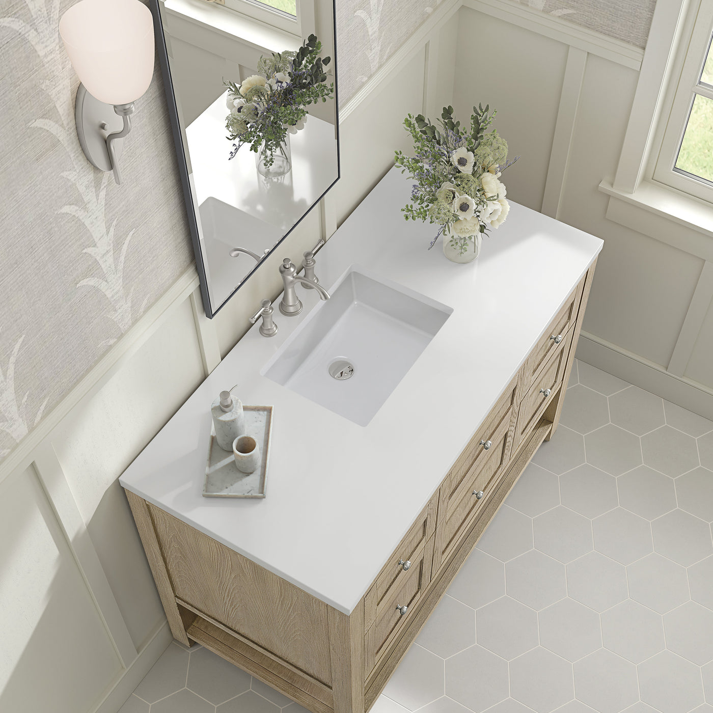 James Martin Breckenridge 48" Single Bathroom Vanity, Whitewashed Oak with White Zeus countertop
