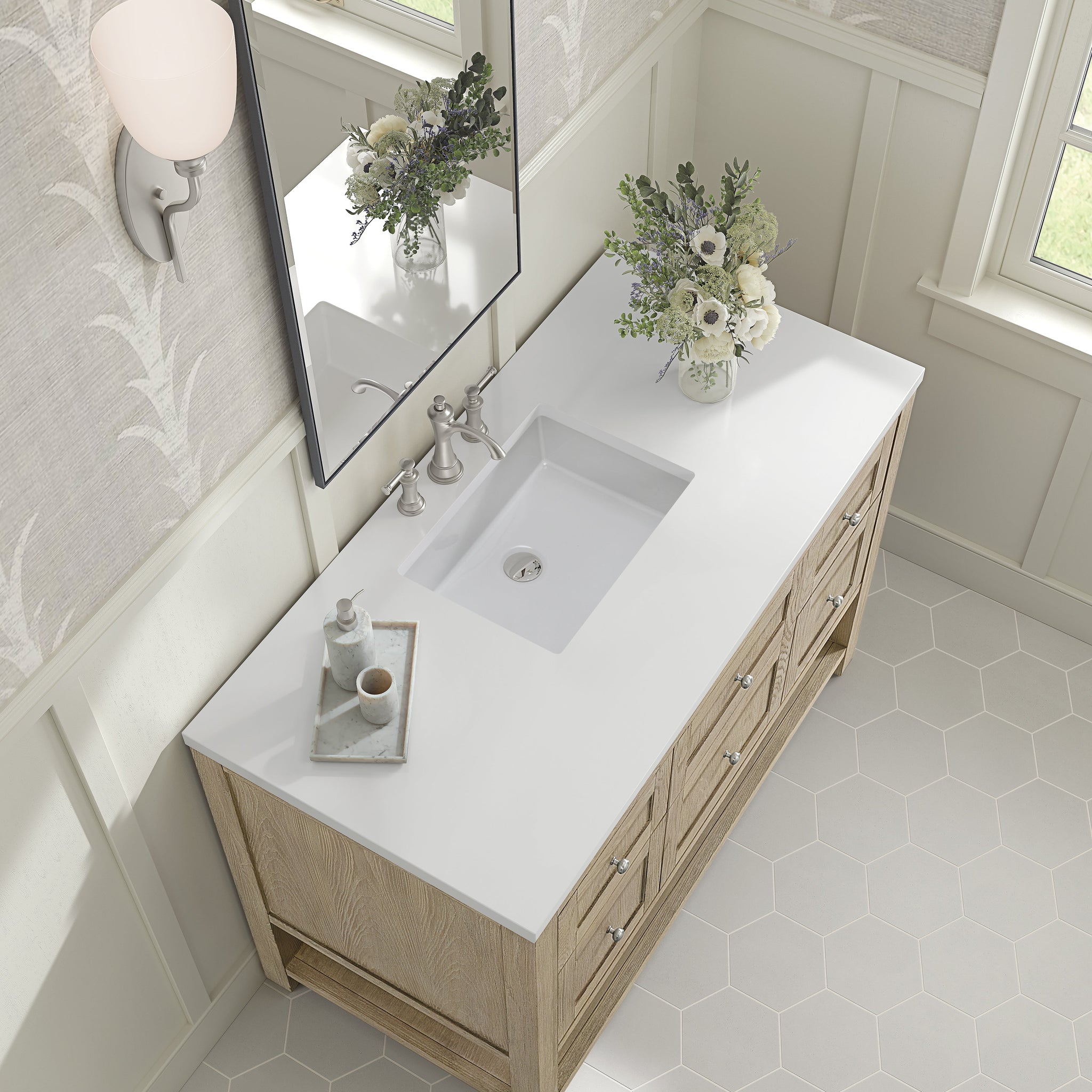 James Martin Breckenridge 48" Single Bathroom Vanity, Whitewashed Oak with White Zeus countertop
