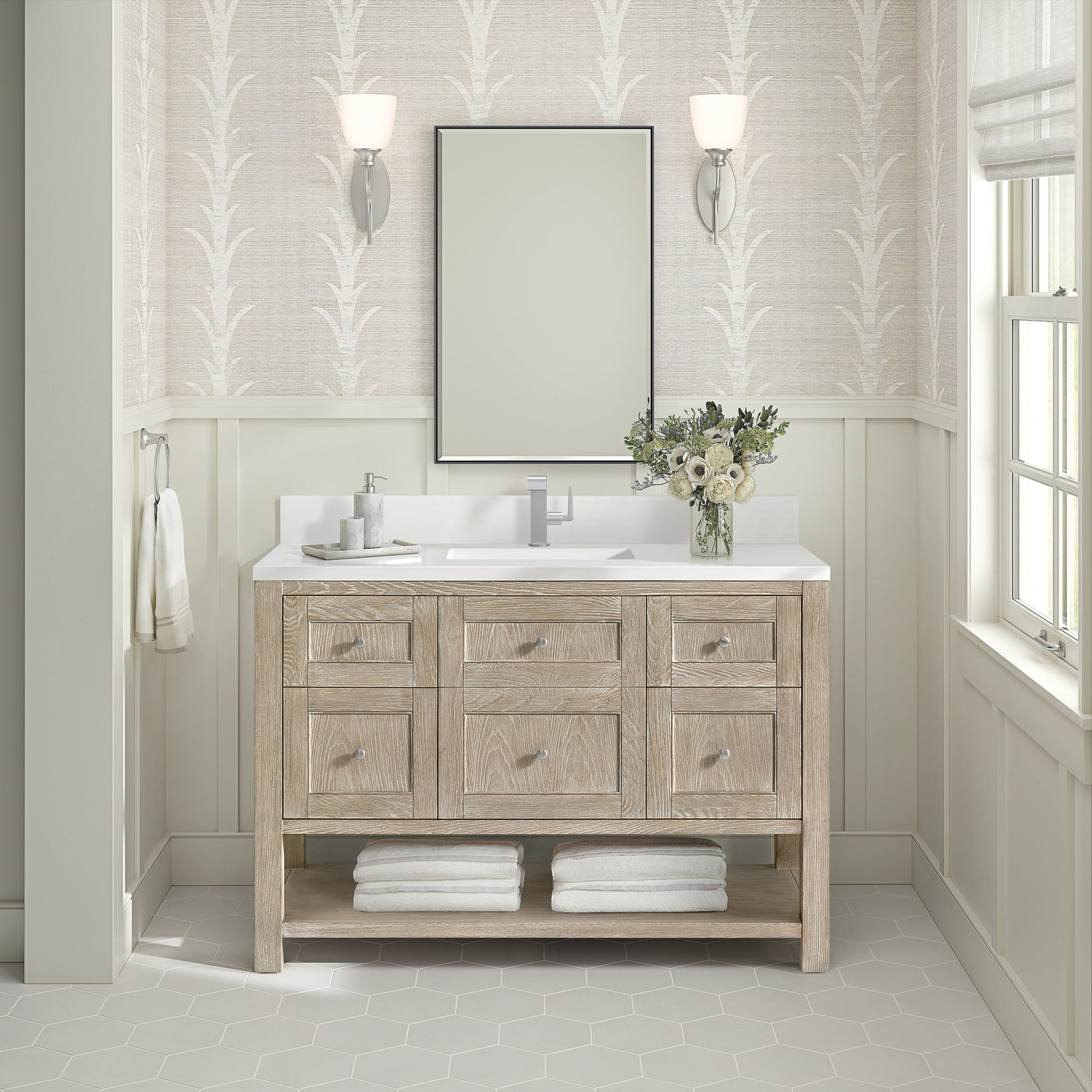 James Martin Breckenridge 48" Single Bathroom Vanity, Whitewashed Oak with White Zeus (Single Hole, with Backsplash) countertop