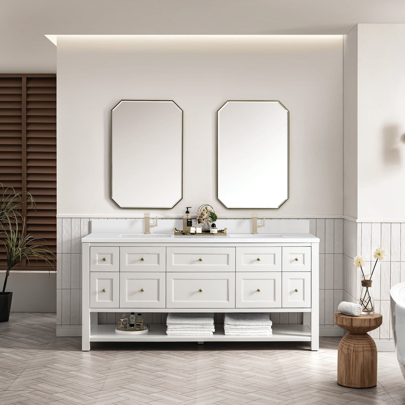 James Martin Breckenridge 72" Double Bathroom Vanity, Bright White with White Zeus (Single Hole, with Backsplash) countertop