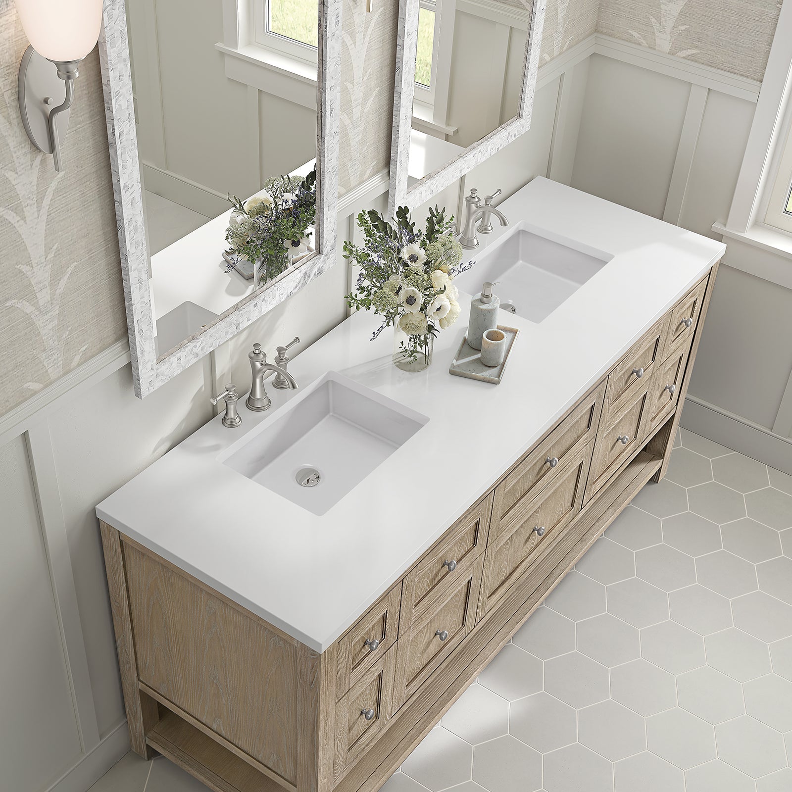 James Martin Breckenridge 72" Double Bathroom Vanity, Whitewashed Oak with White Zeus countertop