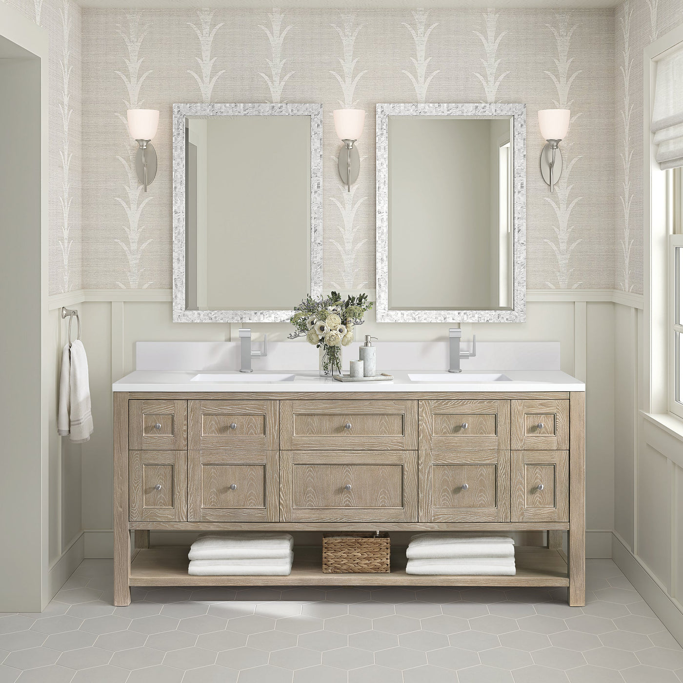 James Martin Breckenridge 72" Double Bathroom Vanity, Whitewashed Oak with White Zeus (Single Hole, with Backsplash) countertop