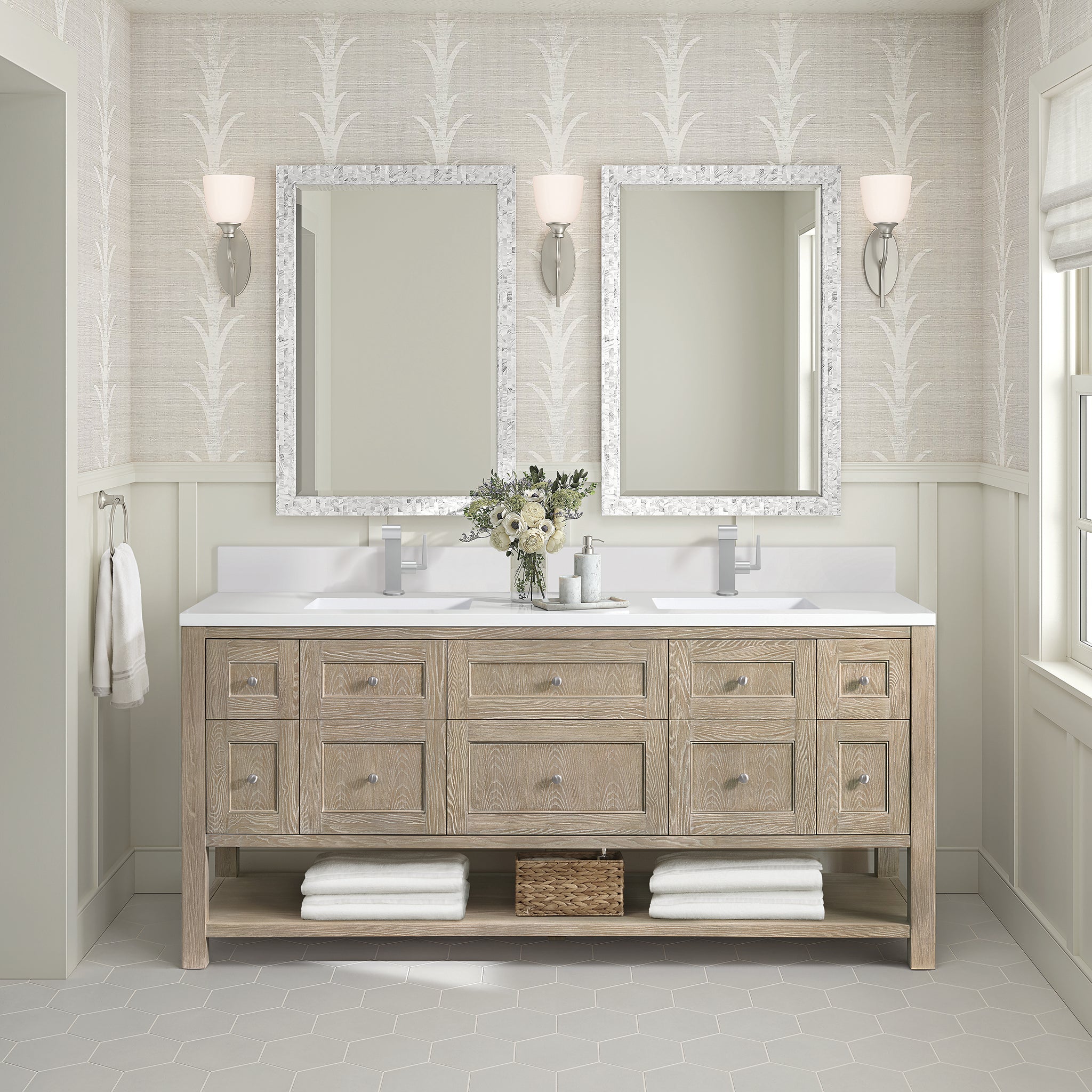 James Martin Breckenridge 72" Double Bathroom Vanity, Whitewashed Oak with White Zeus (Single Hole, with Backsplash) countertop