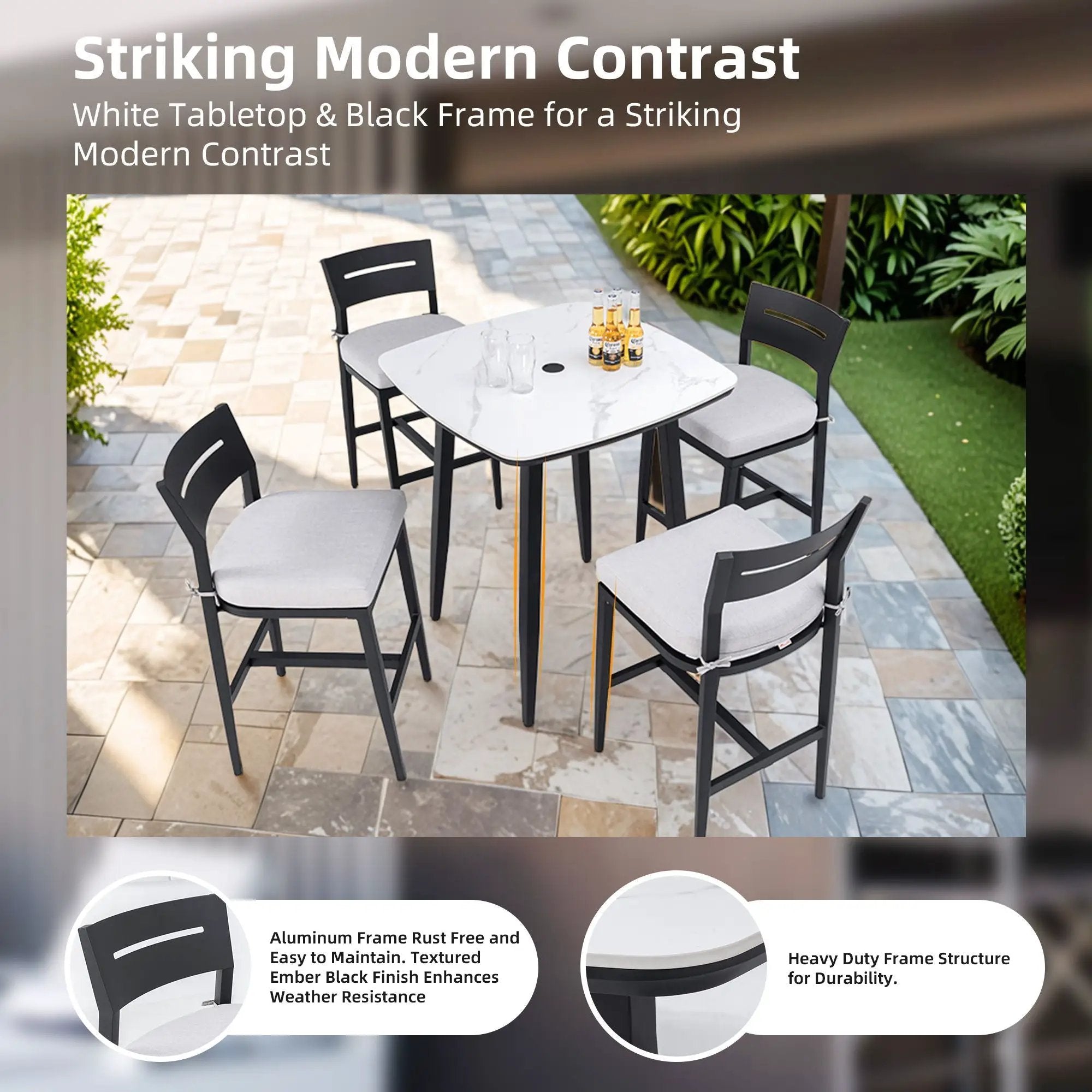 Outdoor Bar Table, Rounded Square Sintered Stone Top With Umbrella Hole, Rust Free Frame, Weatherproof - Ember Black / White by HouseOfZazla