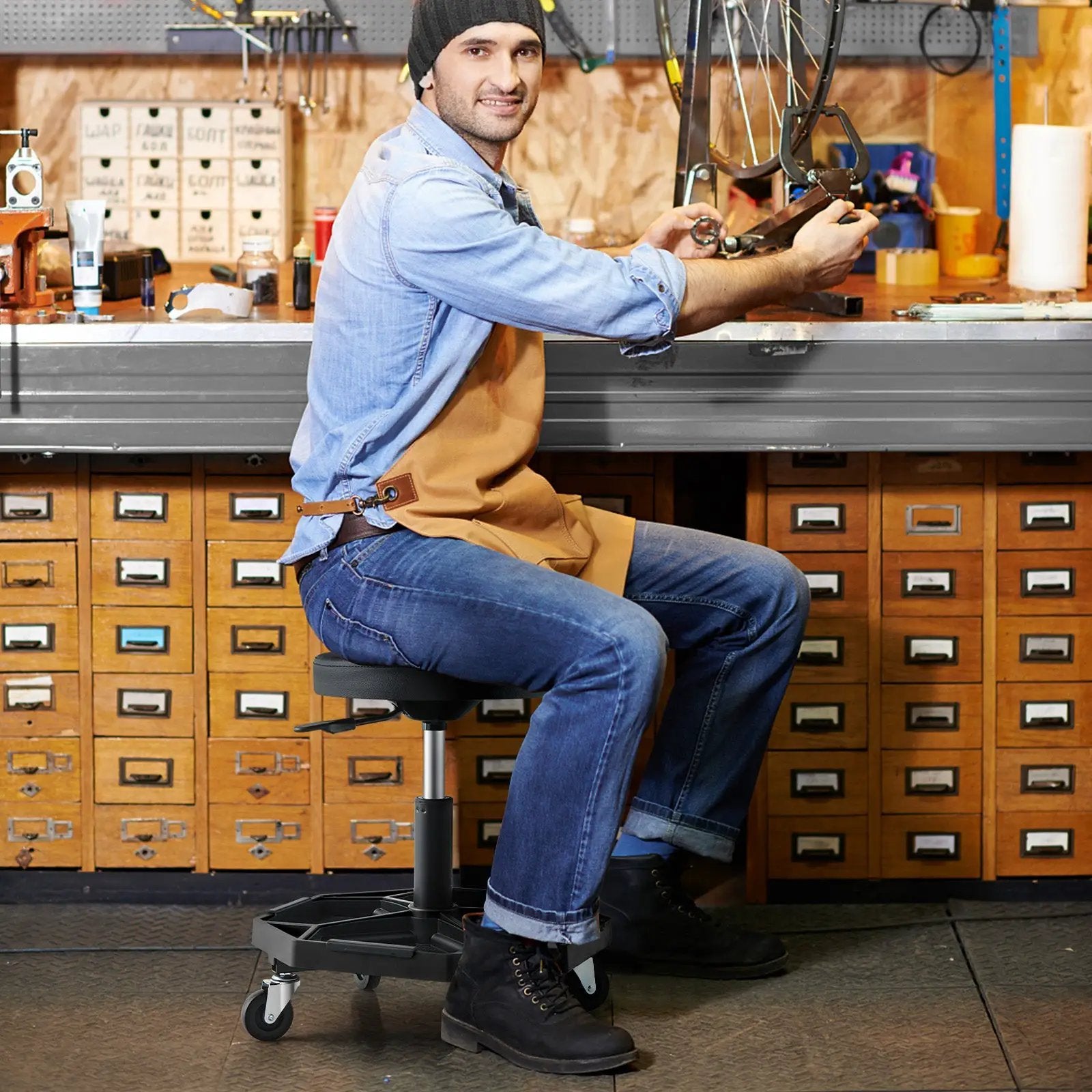330 LBS Capacity Pneumatic Rolling Mechanic Stool with Padded Seat by DirectDeals