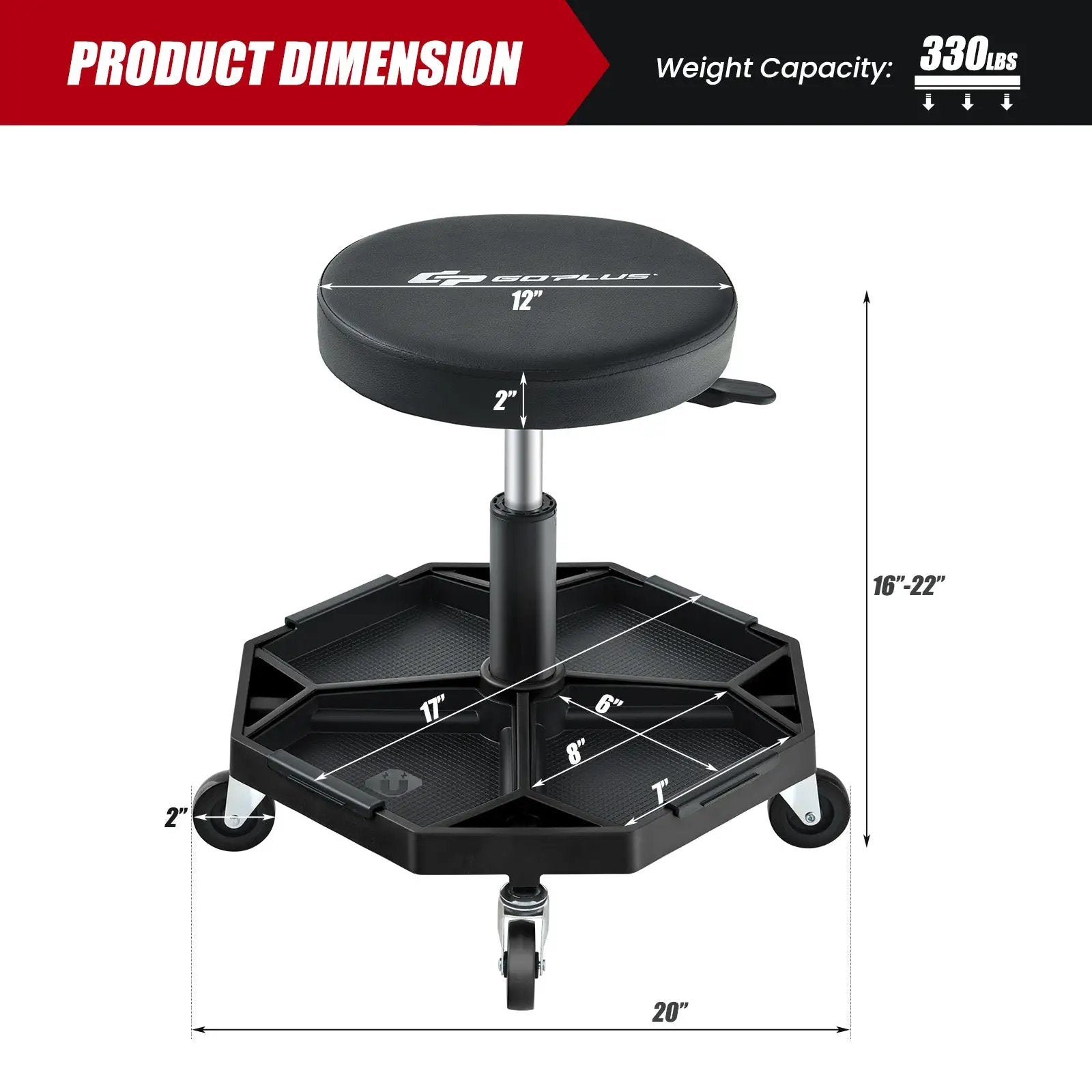 330 LBS Capacity Pneumatic Rolling Mechanic Stool with Padded Seat by DirectDeals