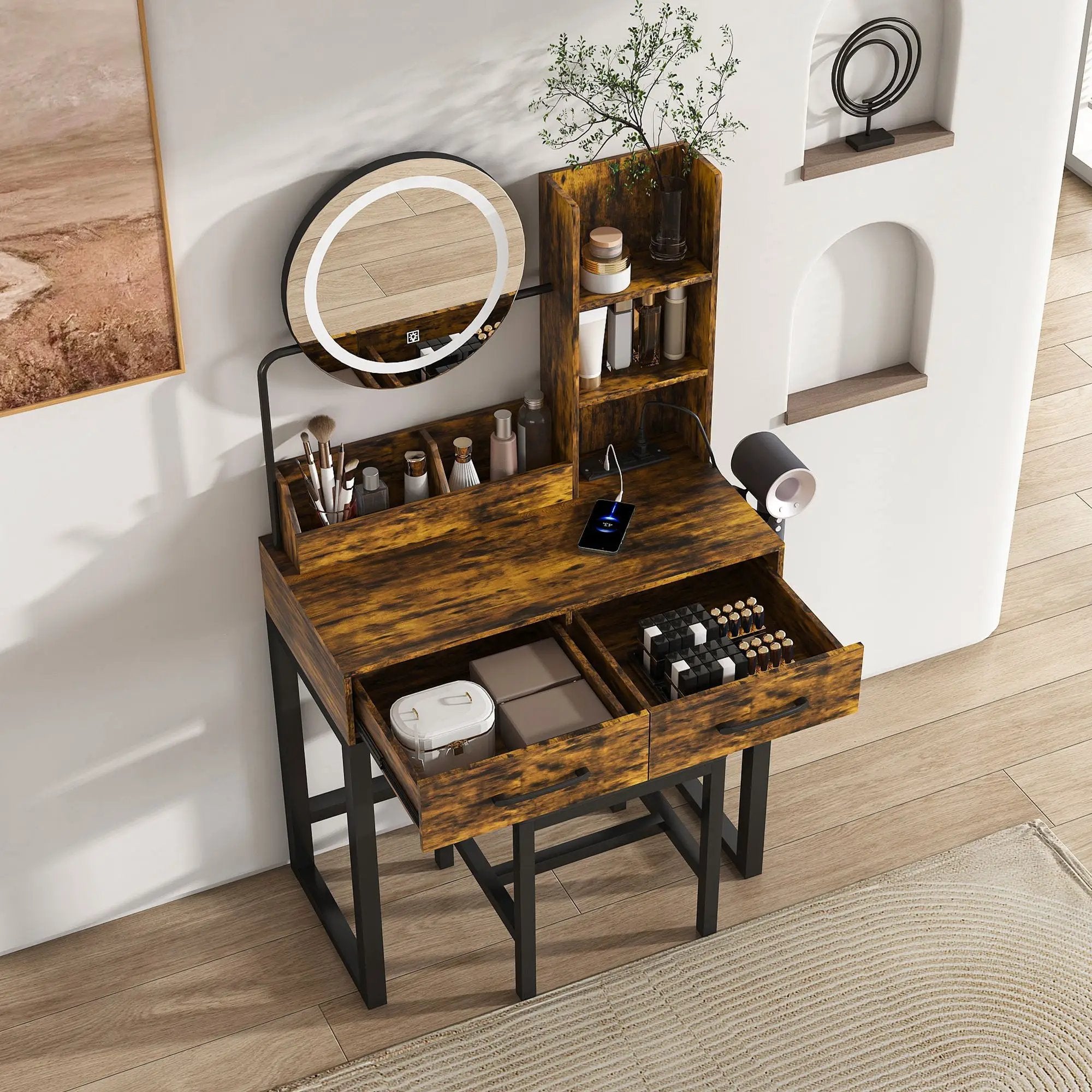 Makeup Vanity Table With LED Lights, 3 Color Options, Power Outlet by Unique Piece Furniture
