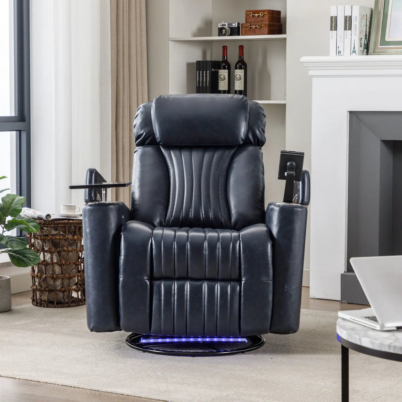 270° Power Swivel Recliner Home Theater Chair With Hidden Arm Storage, LED Light, Cup Holder, And Tray Table by HouseOfZazla