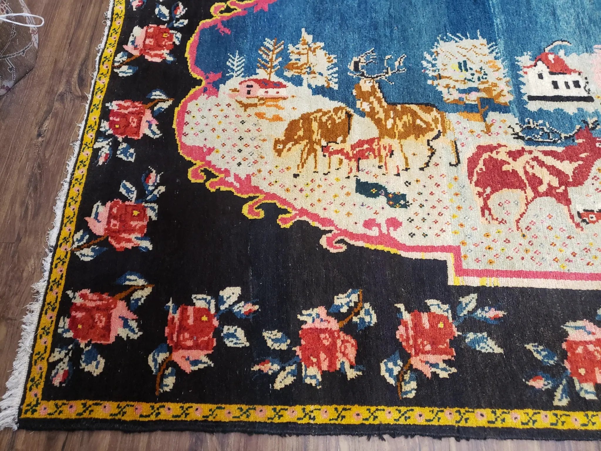 Antique Persian Pictorial Rug 4'6" x 9', Wool Hand-Knotted Blue Roses Karabagh Caucasian Carpet, 1920s Girl Deer Tapestry Wall Hanging Rug by Jewel Rugs