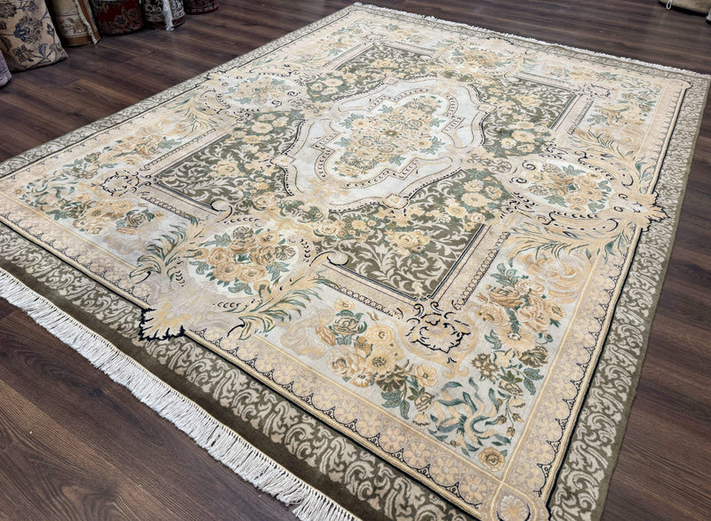 Aubusson Rug 8x10, Very Fine 225 KPSI, Floral, French European Design, Pakistani Carpet by Jewel Rugs