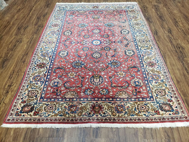 Semi Antique Persian Kashan Rug, Red & Beige, Hand-Knotted, Wool, 4'7" x 6' 6", Pair B by Jewel Rugs