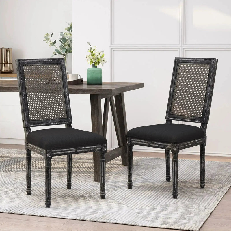 French Country Dining Chair With Rectangular Cane Backrest And Smooth Upholstered Seating by HouseOfZazla