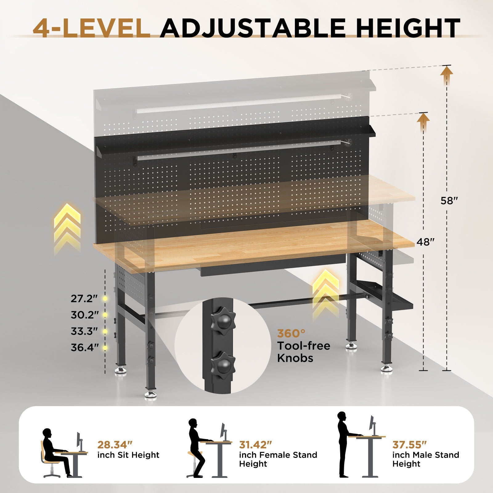 Adjustable Height Workbench, Includes Drawers, Power Outlet, LED Light, Wheels Or Leveling Feet - Black by HouseOfZazla