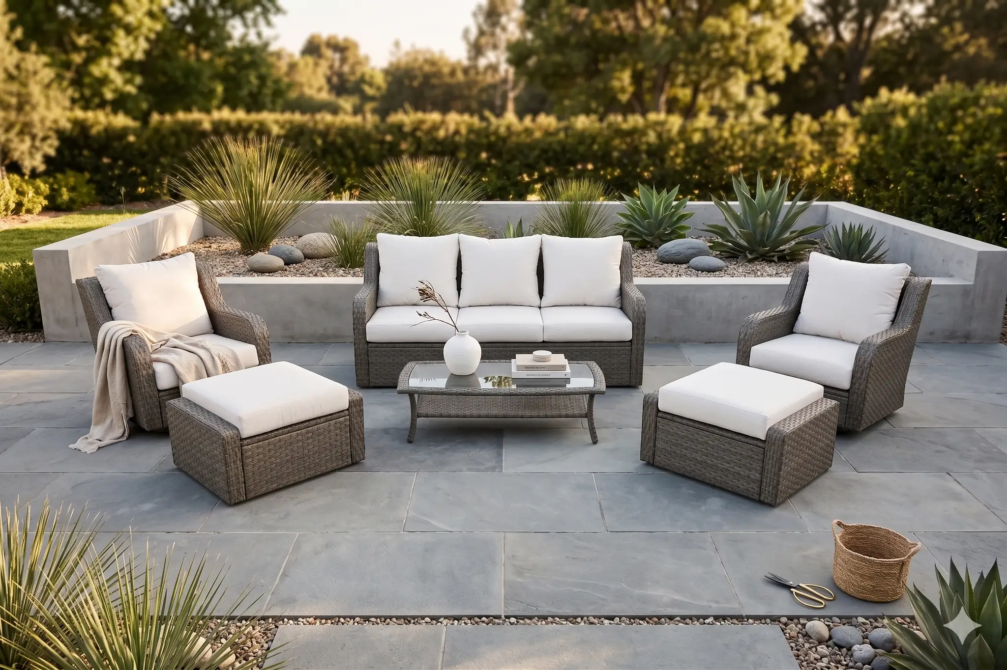 Luxury Rattan Patio Conversation Set – Includes 2 Swivel Chairs, Sofa, Coffee Table, And 2 Ottomans With Premium by HouseOfZazla