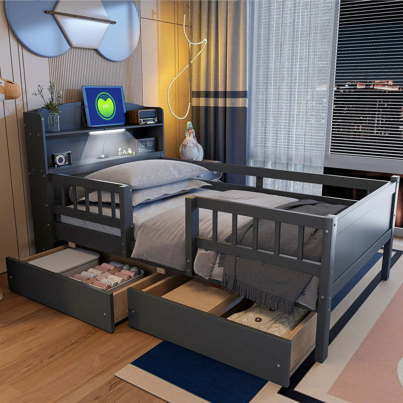 Platform Bed With LED Light, Multi Functional Headboard, Guardrail And 2 Drawers by Unique Piece Furniture