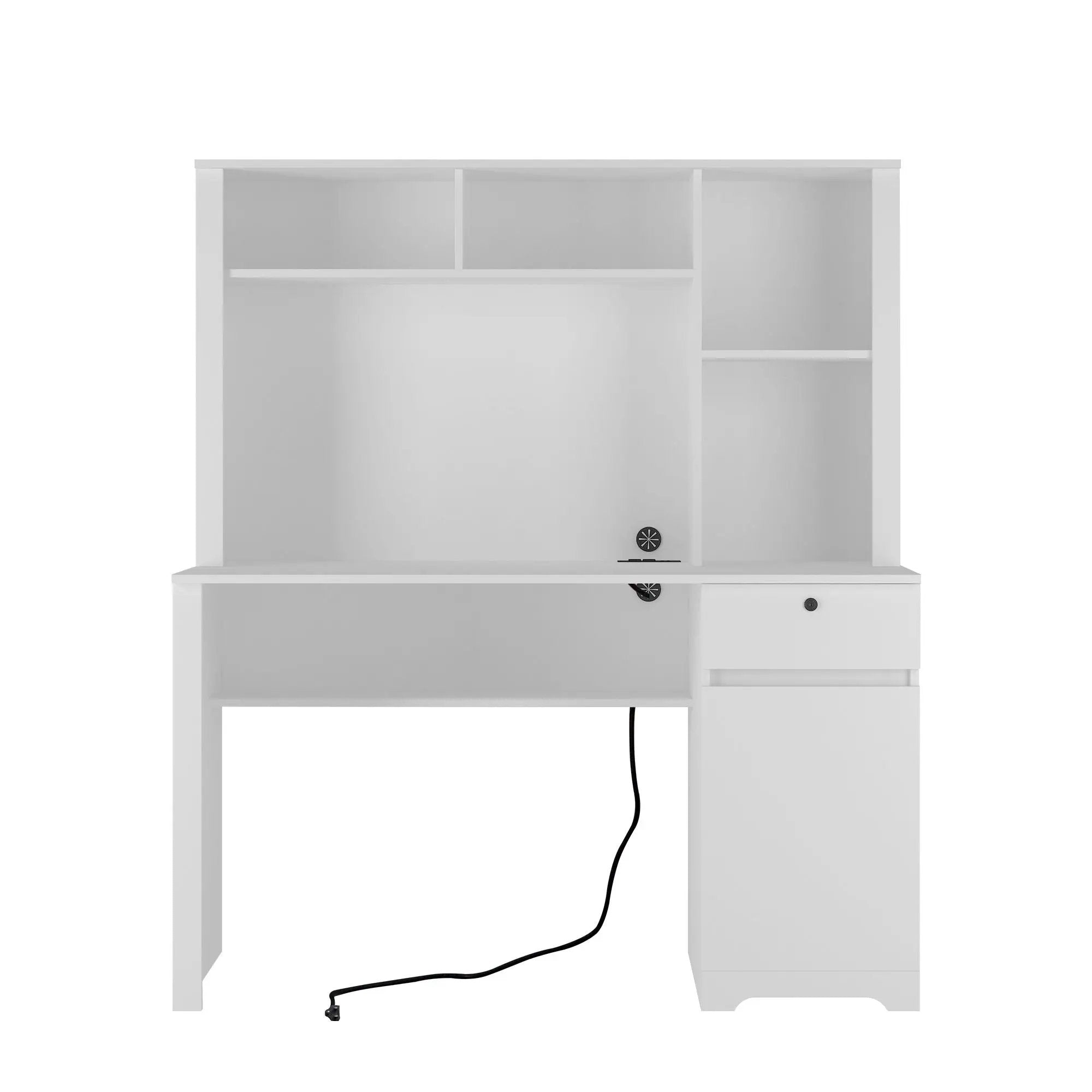 Computer Desk With Hutch & Bookshelf, Wood Executive Desk Teens Student Desk Writing Laptop Home Office Desk With Drawers, 3 Ac Outlets And 2 USB Charging Ports, Study Laptop Table For Home - White by HouseOfZazla