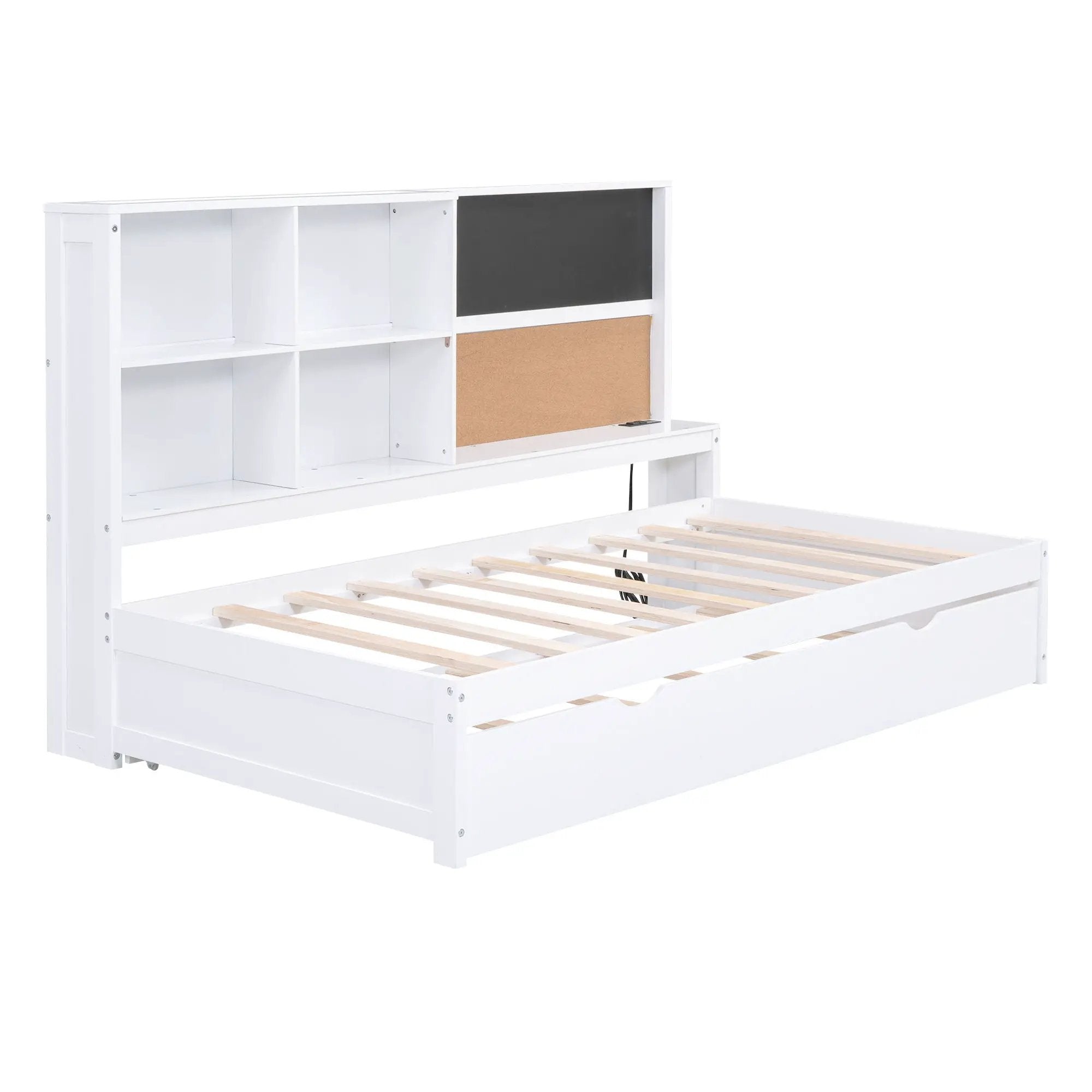 Twin Size Daybed With Storage Shelvesboard, Cork Board, USB Ports And Trundle - White by HouseOfZazla