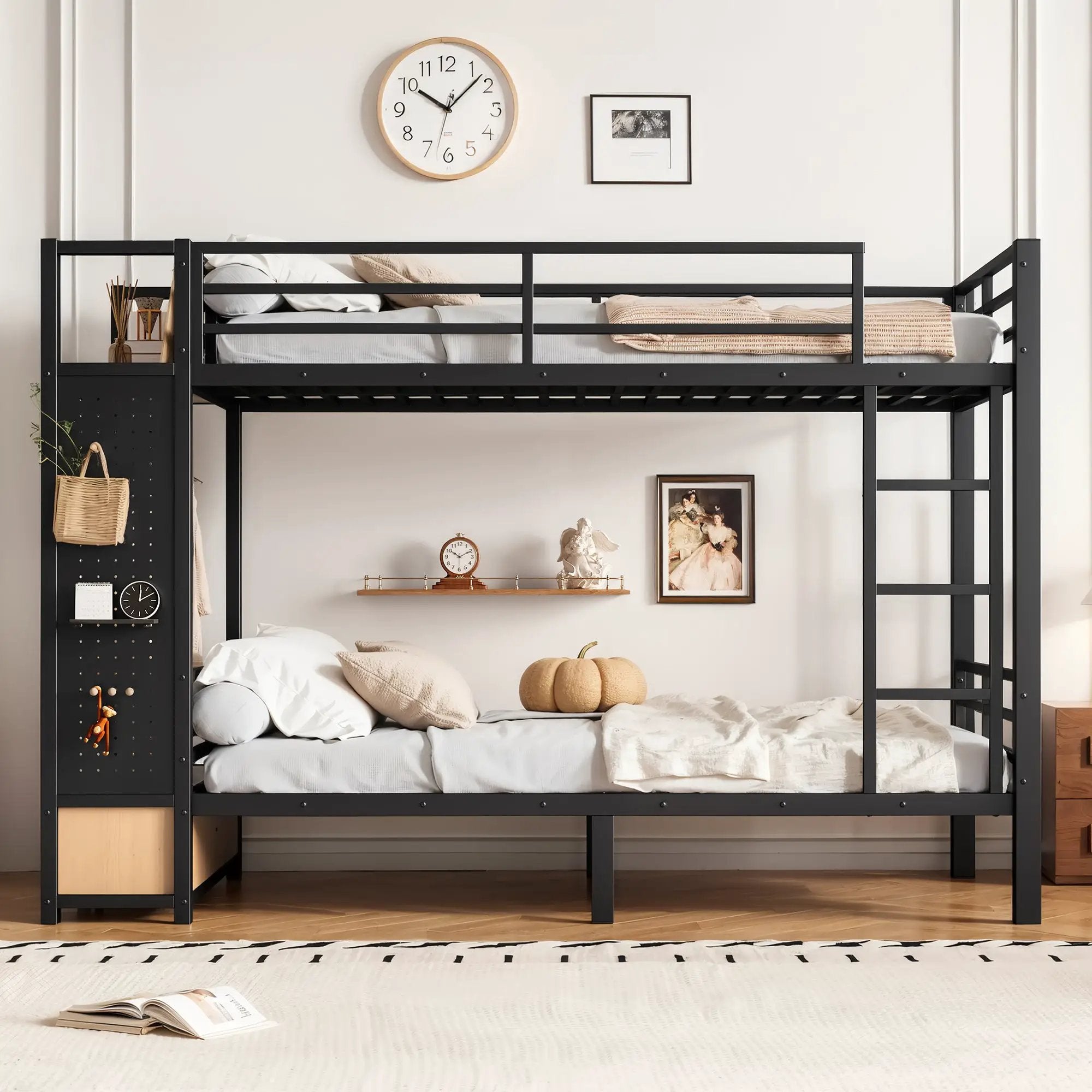 Twin XL Over Twin XL Metal Bunk Bed with Storage Shelves by HouseOfZazla