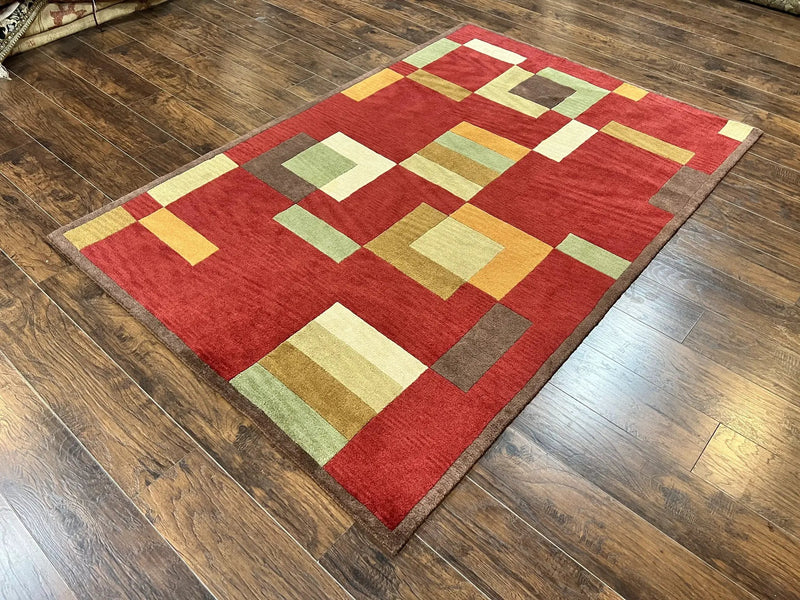 Indo Tibetan Modern Rug 5x8, Abstract Rug 5 x 8 ft, Red Multicolor Wool Handmade Contemporary Area Rug by Jewel Rugs