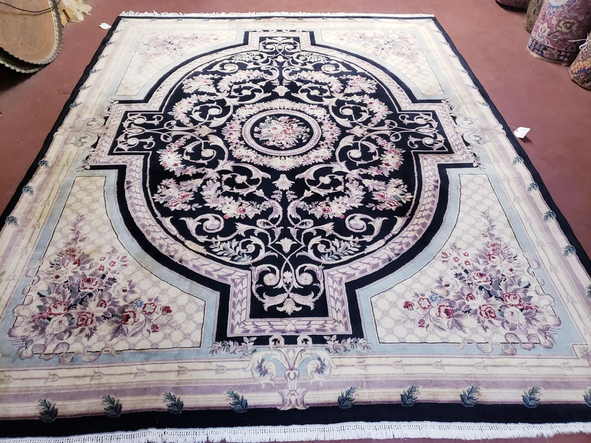 8x10 Aubusson Rug, Fine Hand Knotted Wool Carpet, French European Design, Black & Ivory by Jewel Rugs