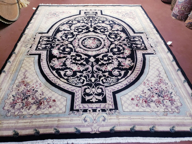 8x10 Aubusson Rug, Fine Hand Knotted Wool Carpet, French European Design, Black & Ivory by Jewel Rugs