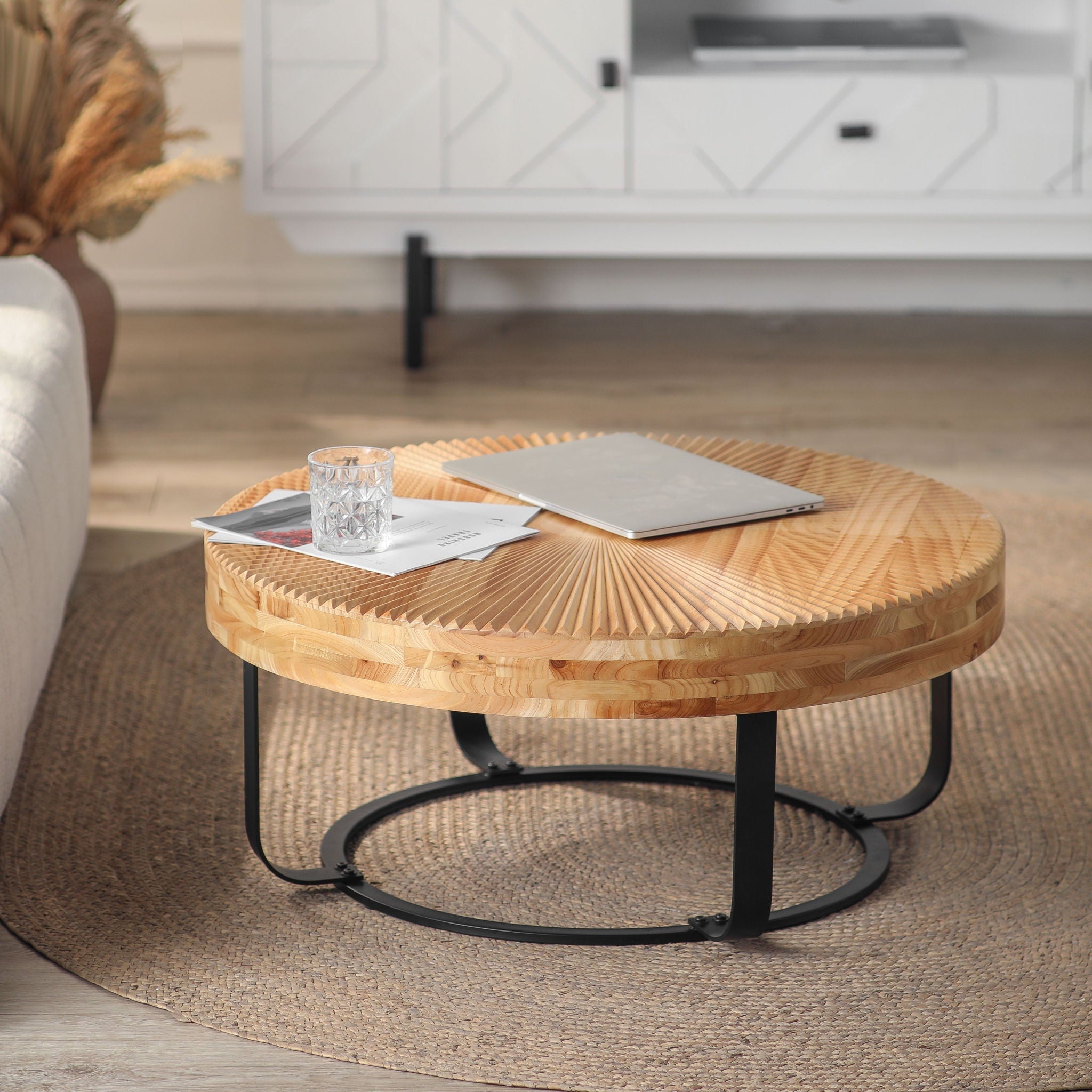 Modern Round Coffee Table With Wooden Carving Pattern by Unique Piece Furniture
