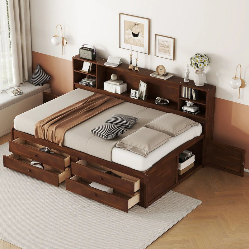 Full Size Captain Bed With Built In Storage Shelves, 4 Drawers And 2 Cabinets - Antique Brown by HouseOfZazla