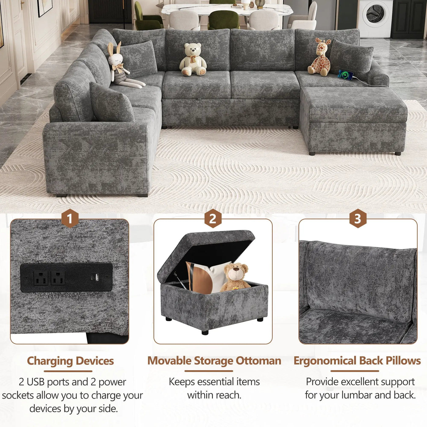 Sectional Sofa Pull-Out Sofa Bed Sleeper With A Storage Ottoman, Three Pillows And Charging Devices For Living Room by HouseOfZazla