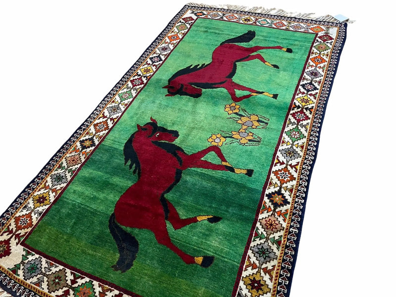 4 X 7 Handmade Rug Zagros Quality Wool Pictorial Horses Green Butterfly Colorful by Jewel Rugs