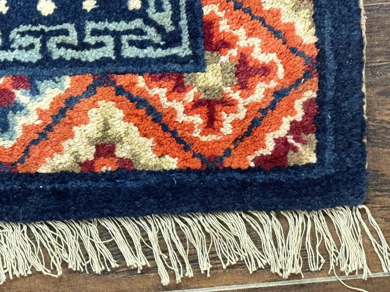Small Antique Chinese Square Rug 2x3, Tibetan Rug, Red Orange Blue, 1920s Rug by Jewel Rugs