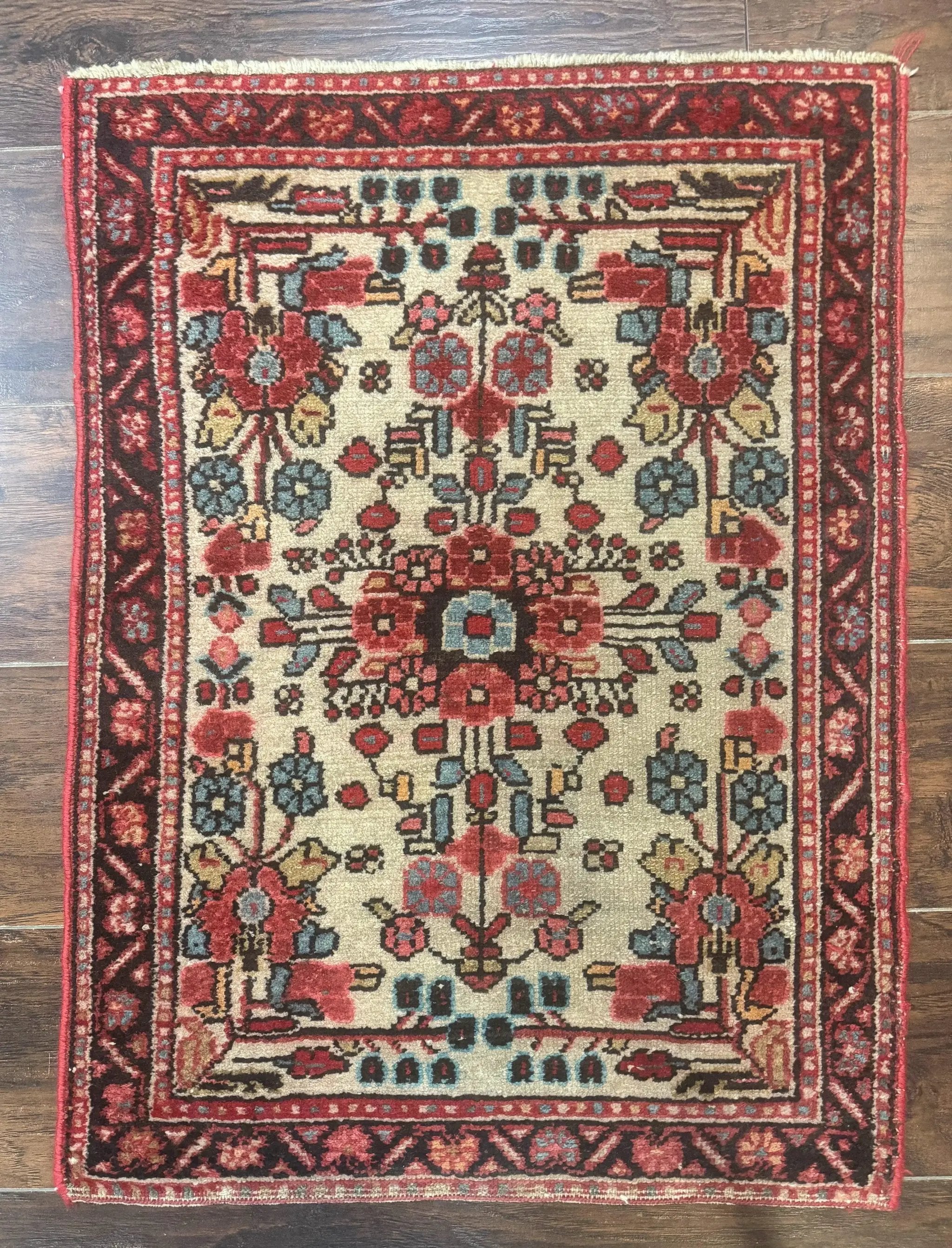 Small Antique Persian Rug 2x3, Beige and Red, Floral, Wool, Hamadan Rug by Jewel Rugs
