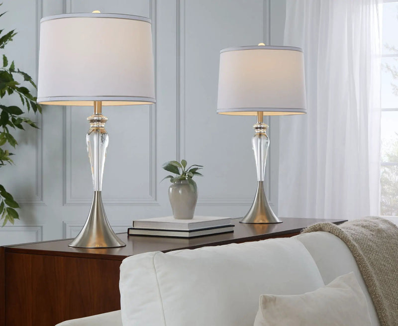 Ashland - Contemporary Crystal Table Lamp (Set of 2) - Clear Crystal / Nickel / White by HouseOfZazla