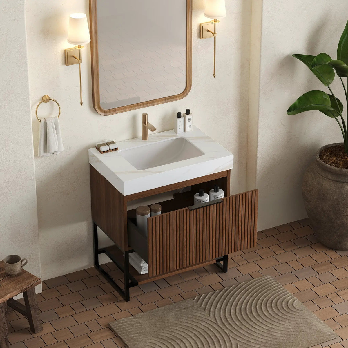 YOLAN 30" Bathroom Vanity & Sink, Freestanding Striped Plywood Storage Cabinet by HouseOfZazla