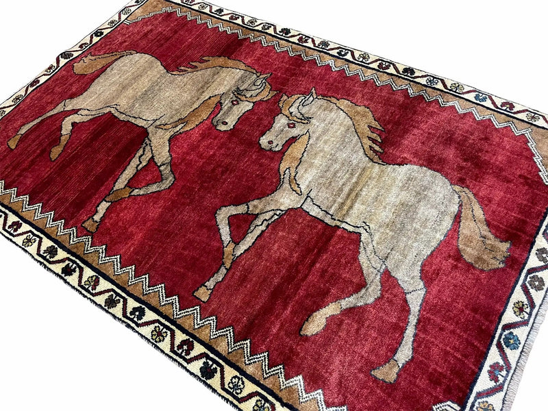 4 X 6 Handmade Hand-Knotted New Vintage Rug Wool Horses Red Organic Dyes Tribal by Jewel Rugs