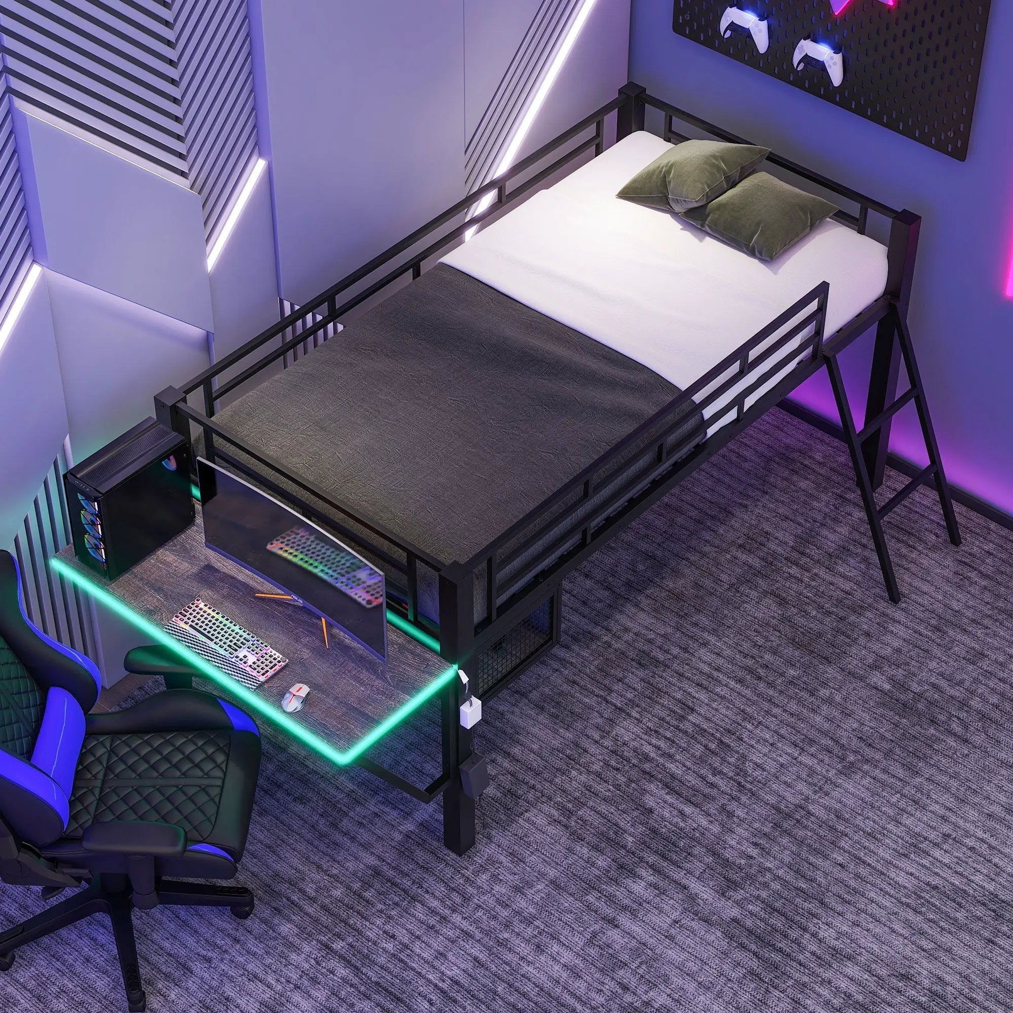 Gaming - Twin Loft Bed With Desk And LED - Black by HouseOfZazla