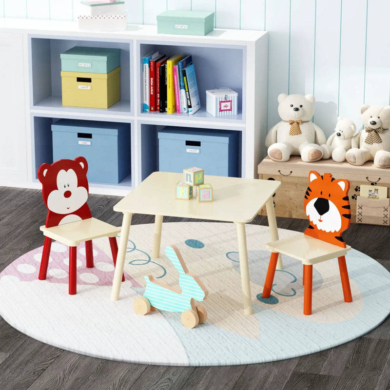 Table And 2 Chairs Set, Activity Play Table Set With Bear & Tiger Design - Natural by HouseOfZazla