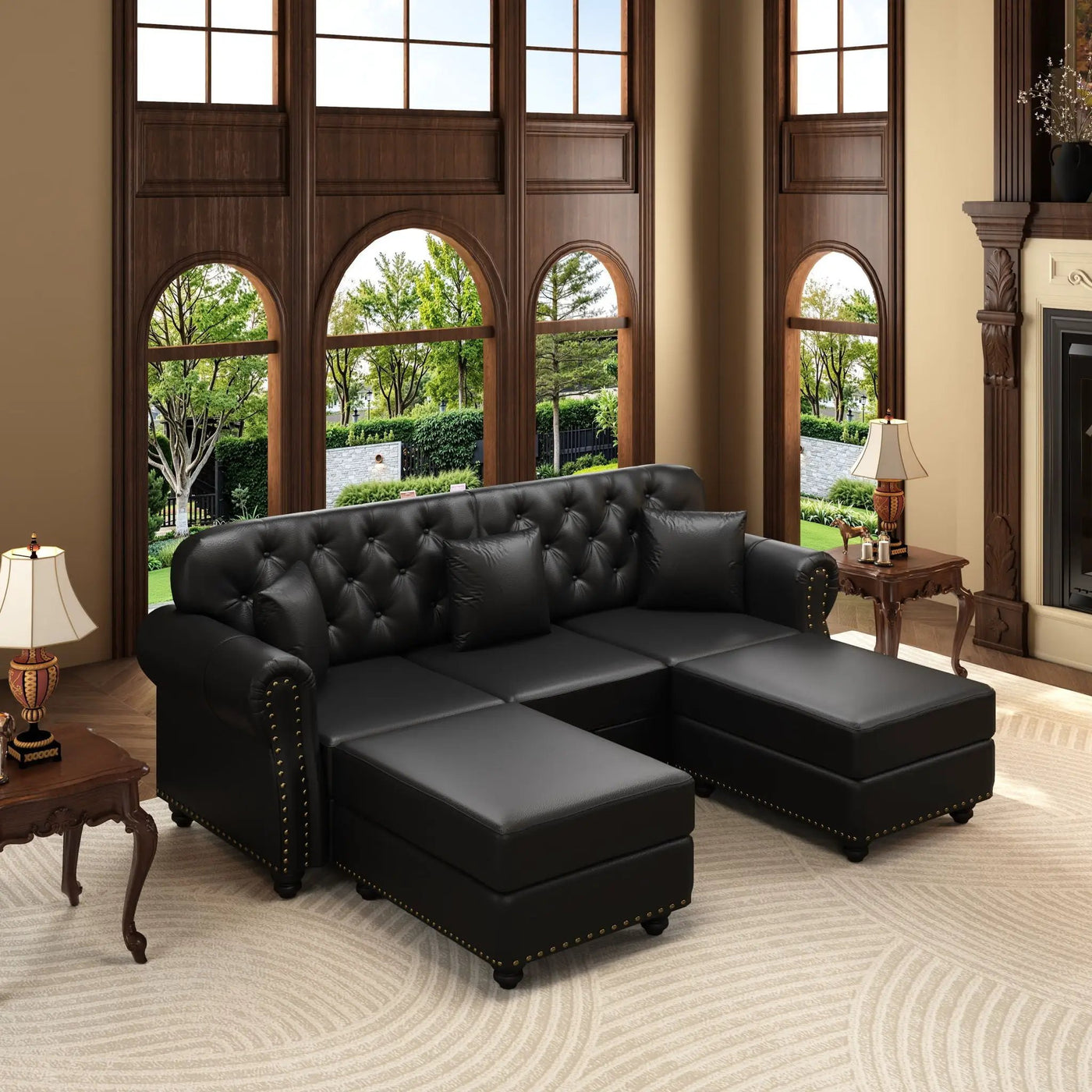 Upholstered Sofa With Nailhead Trim, Rolled Armrests With Ottoman by HouseOfZazla