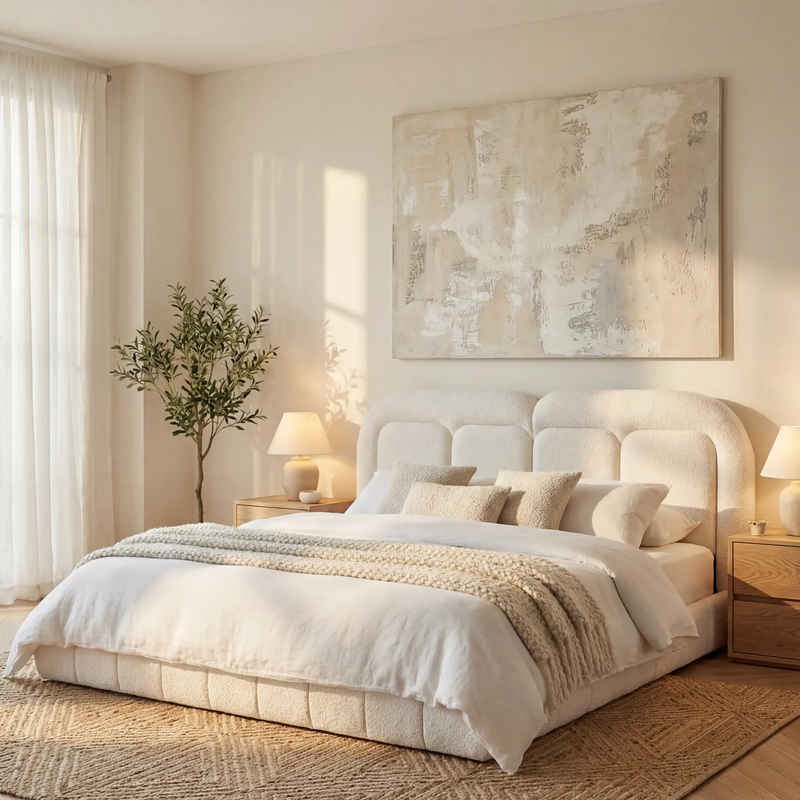 King Size Boucle Upholstered Platform Bed with Tufted Headboard by HouseOfZazla