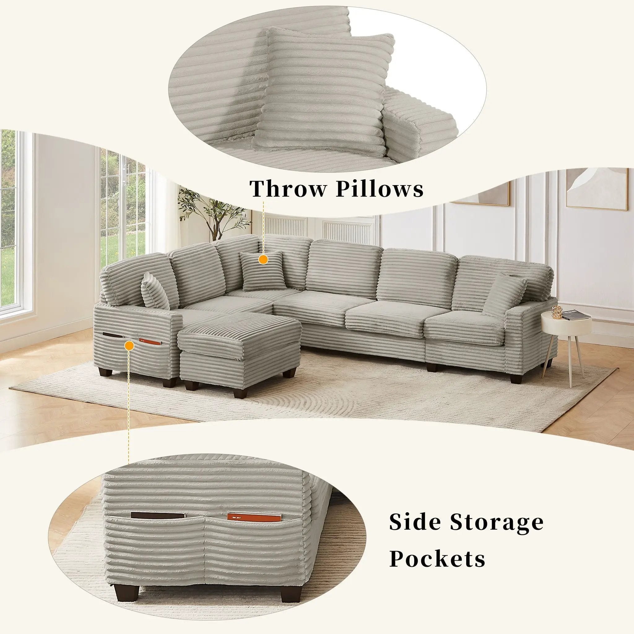 Upholstered U-Shaped Sectional Sofa With Movable Ottoman And Side Storage Pockets by Unique Piece Furniture