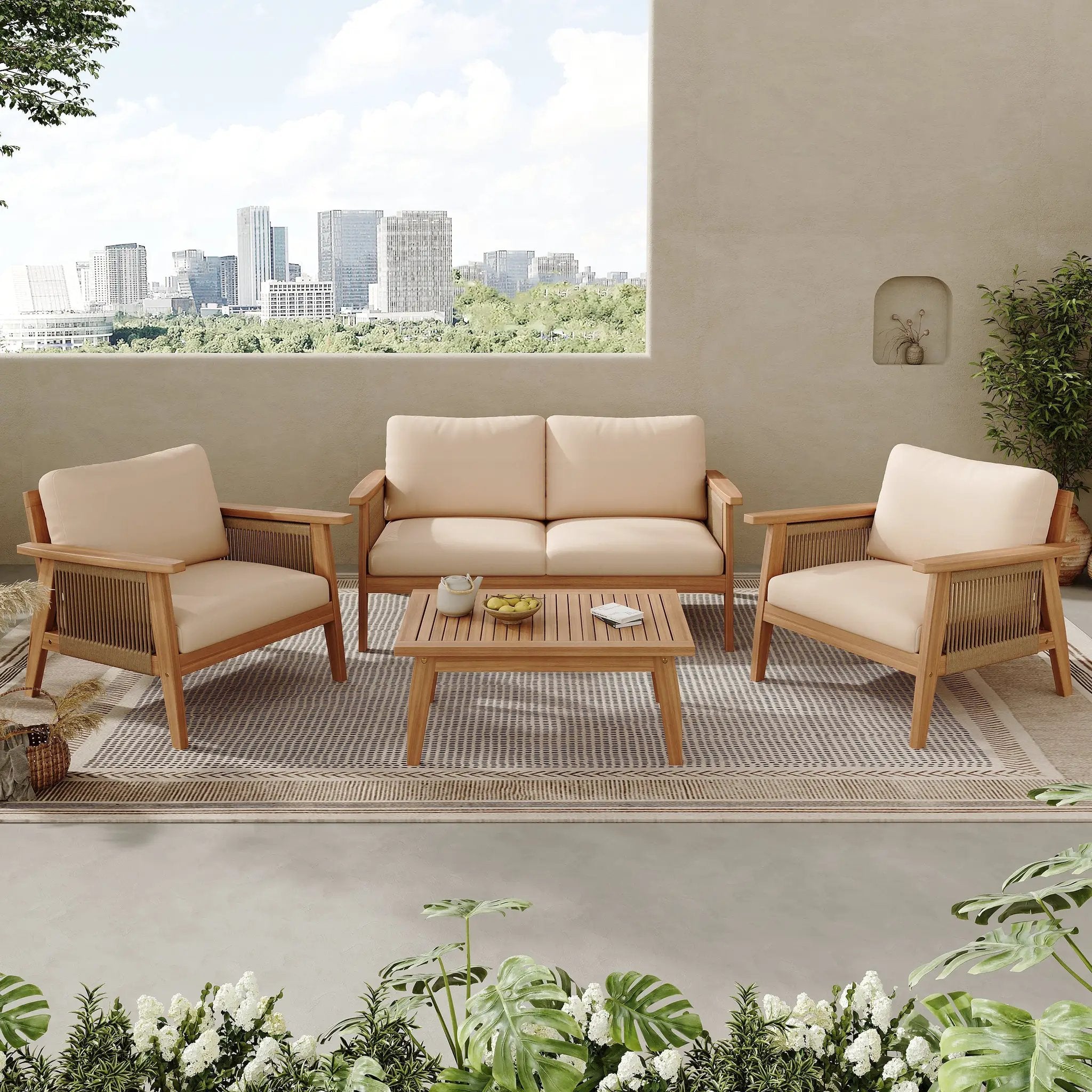 Outdoor 4pc Acacia Wood and Rope Sectional Patio Sofa Set by HouseOfZazla