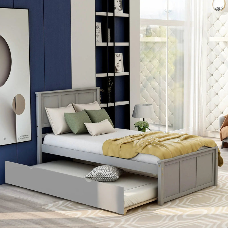 Platform Bed With Twin Trundle And Frame, Twin Size - Gray by Unique Piece Furniture