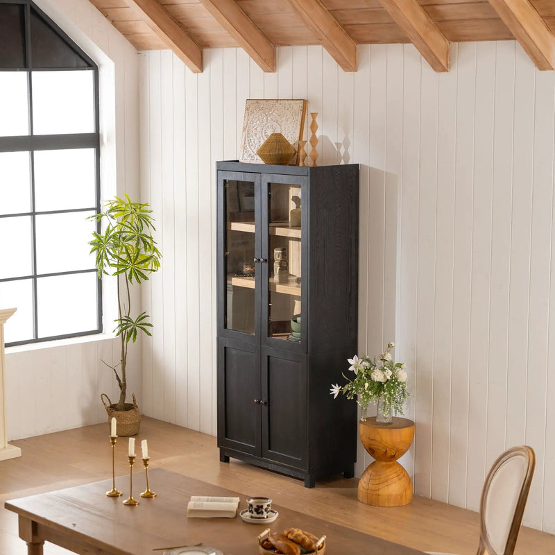 Mid Century Modern Style Tall Display Cabinet With Glass Doors For Collectibles - Black by HouseOfZazla