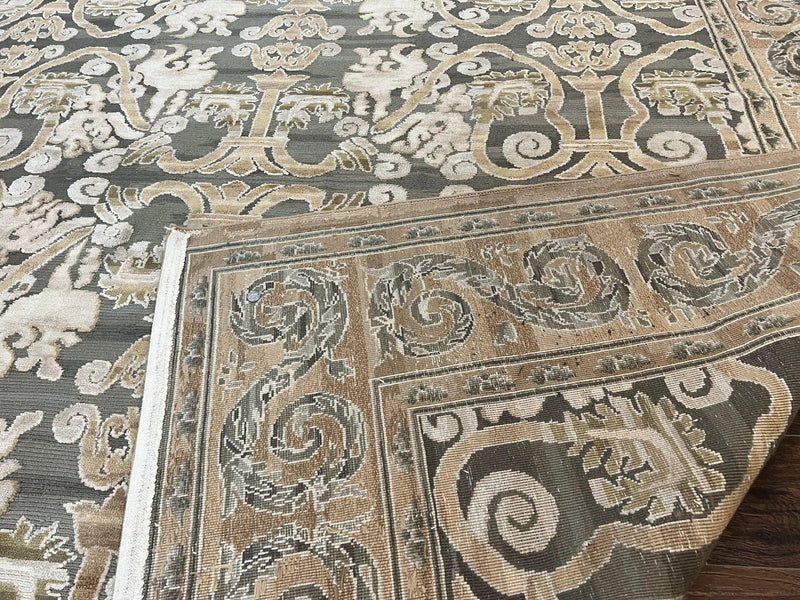 Spanish Rug 11x14, Wool Hand Knotted Vintage Carpet, Olive Green and Beige, Floral Allover, European Design, 11 x 14 Rug by Jewel Rugs