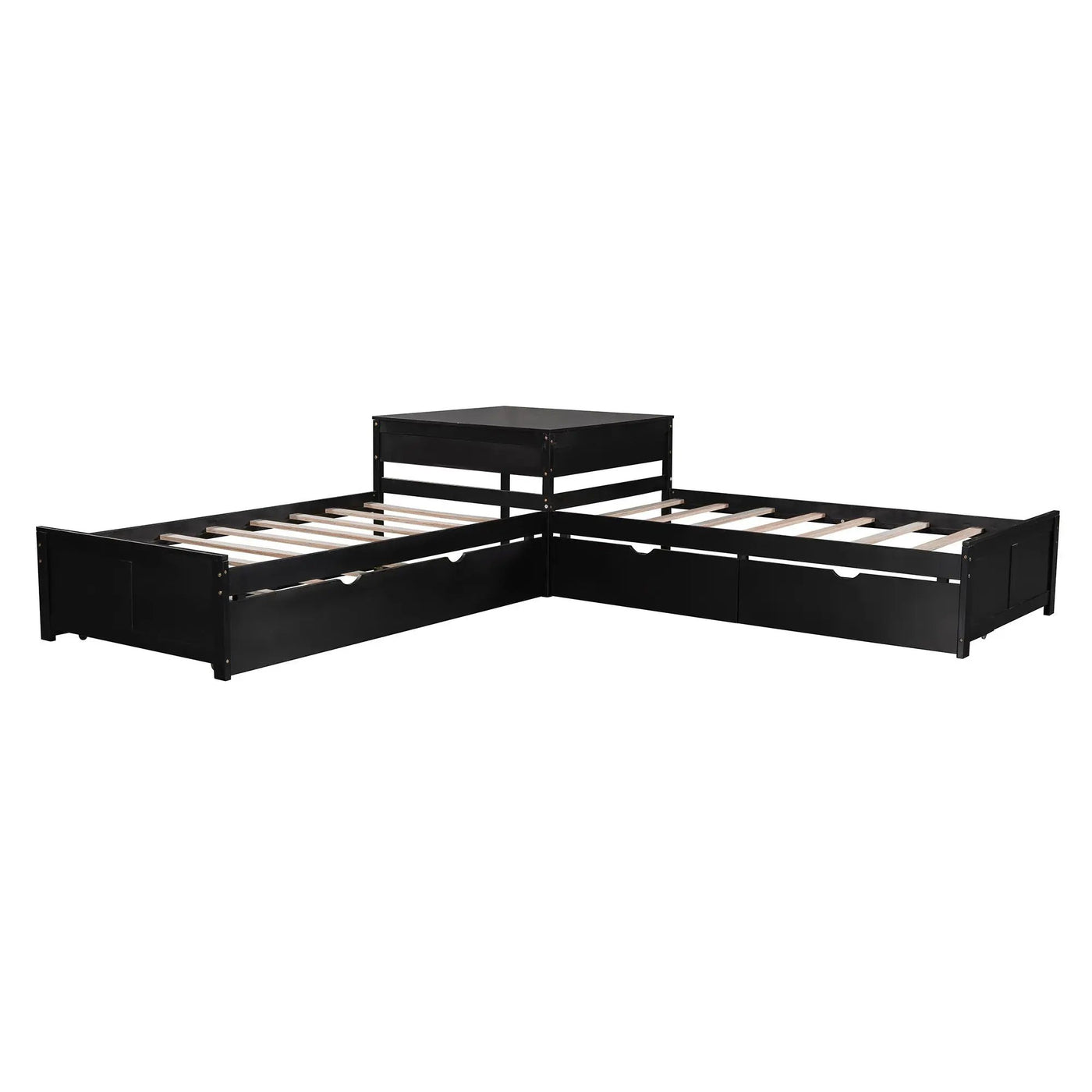 L Shaped Platform Bed With Trundle And Drawers Linked With Built In Desk by HouseOfZazla