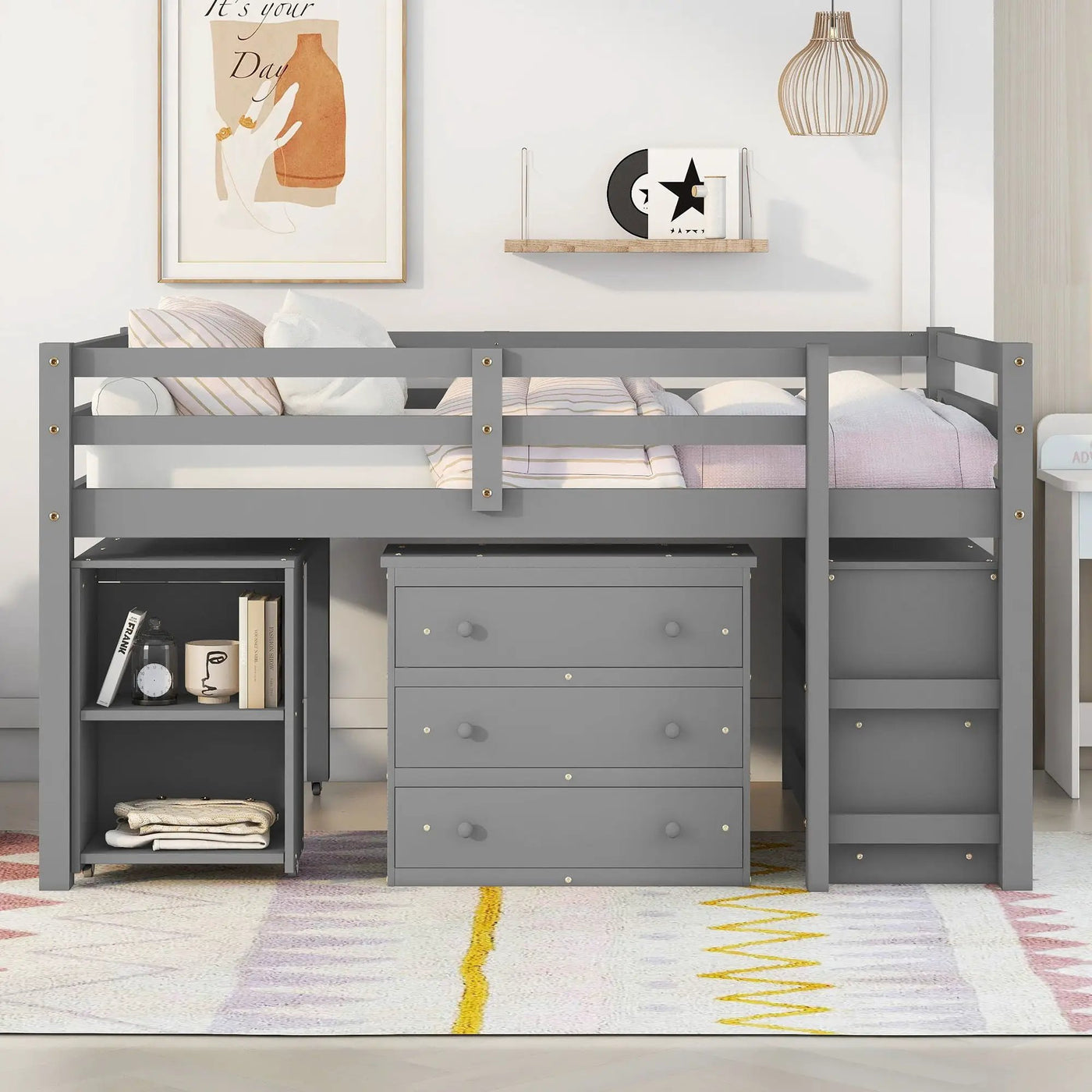 Loft Low Study Bed With Cabinet, Shelves And Rolling Portable Desk, Multiple Functions by Unique Piece Furniture