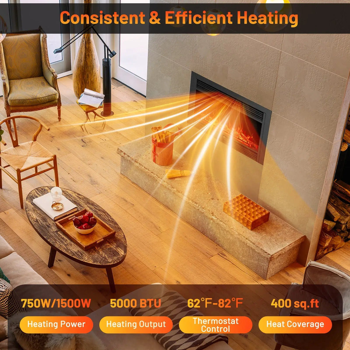 33/36-Inch Electric Fireplace Insert 750W/1500W Recessed Fireplace Heater, photo 5 of 16