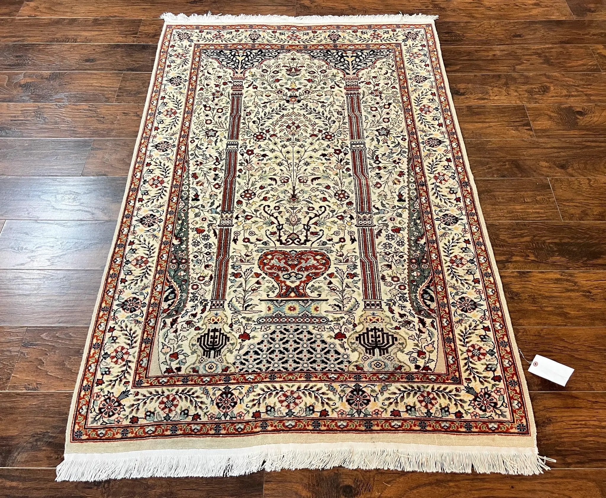 Pak Perisan Prayer Rug 4x6, Tree of LIfe Carpet, Handmade Vintage Wool Rug, Beige, Floral Vases by Jewel Rugs